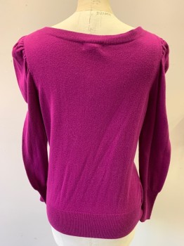 Womens, Pullover, ANA, Fuchsia Purple, Cotton, Modal, Solid, Petite, M, Long Sleeves with Puff, Wide Neck, Long Rib Knit at Wrists