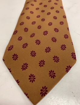 Mens, Tie, GIORGIO ARMANI, Caramel Brown, Plum Purple, Silk, Floral, Novelty Pattern, Individual Daisy Flowers Pattern on Brown Background, Wide (3.5"),