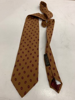 Mens, Tie, GIORGIO ARMANI, Caramel Brown, Plum Purple, Silk, Floral, Novelty Pattern, Individual Daisy Flowers Pattern on Brown Background, Wide (3.5"),