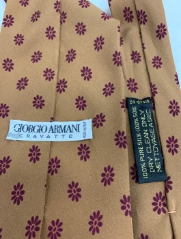 GIORGIO ARMANI, Caramel Brown, Plum Purple, Silk, Floral, Novelty Pattern, Individual Daisy Flowers Pattern on Brown Background, Wide (3.5"),