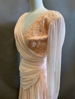 Womens, Cocktail Dress, N/L, Lt Pink, Polyester, Beaded, Solid, W:23, B:32, H:34, Chiffon, V-neck, Lace Panel at Side Bust with Beading and Sequins, Sleeves are Sheer, Padded Shoulders, Gathered Into Side Waist, Clingy Through Hips, Hem Below Knee,