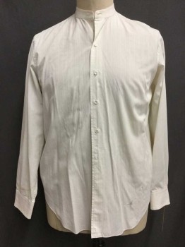 Mens, Shirt 1890s-1910s, Ivory White, Cotton, Stripes, Diamonds, 34, 16, Faint Self Diamond & Stripes, Button Front, Collar Band, Long Sleeves,