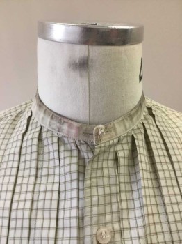 Mens, Shirt 1890s-1910s, N/L, Cream, Olive Green, Poly/Cotton, Plaid, 34, 16, Check Plaid, Button Front, Pleated Bib Front, Aged Dirty Cuffs & Collar Band