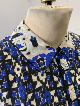 KOBI HALPERIN, Royal Blue, Eggshell White, Navy Blue, Silk, Abstract , Chiffon, Long Sleeves, Button Front, Collar Attached, Folded Cuffs