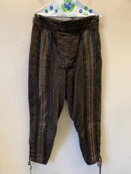 Mens, Historical Fiction Piece 2, N/L MTO, Dk Brown, Brown, Wool, Leather, W:34, Pants, Ribbed Wool with Leather Stripe Down Each Leg with Black and Brown Gimp Trim, Panel/Flap at Groin, Lace Up at Ankles, Made To Order