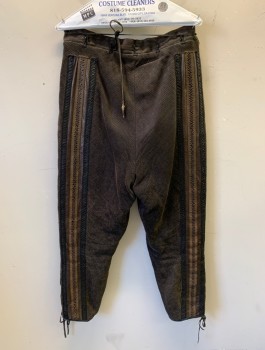 Mens, Historical Fiction Piece 2, N/L MTO, Dk Brown, Brown, Wool, Leather, W:34, Pants, Ribbed Wool with Leather Stripe Down Each Leg with Black and Brown Gimp Trim, Panel/Flap at Groin, Lace Up at Ankles, Made To Order