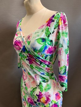 CHIARA BONI, White, Magenta Pink, Green, Blue, Polyamide, Elastane, Floral, Stretchy Material, 3/4 Sleeves, Surplice V-neck, Ruched at Side Waist, Vertical Ruffle at Side Seam From Hip to Hem, Knee Length, Fitted Sheath