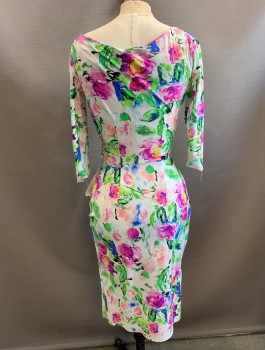 CHIARA BONI, White, Magenta Pink, Green, Blue, Polyamide, Elastane, Floral, Stretchy Material, 3/4 Sleeves, Surplice V-neck, Ruched at Side Waist, Vertical Ruffle at Side Seam From Hip to Hem, Knee Length, Fitted Sheath