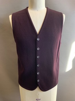 Mens, Sweater Vest, BLOOMINGDALE'S, Aubergine Purple, Wool, Solid, XL, V-N, Button Front,