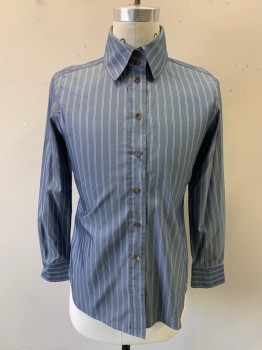 LAFAYETTE 148, Slate Blue, White, Cotton, Silk, Stripes - Vertical , Long Sleeves,  Overall Sheen, C.A., 2 Button Collar **Small Oil Stains