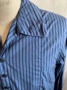 Mens, Historical Fiction Shirt, MTO, Blue-Gray, Blue, Cotton, Stripes - Vertical , 36, 16, Button Front, 6 Button Placket, Side Vents, Bib Front, Gathered Back with Yolk