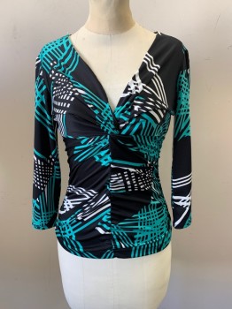 SOPHIA, Black, Mint Green, Polyester, Spandex, Abstract , Stripes, V-neck, Ruched at Cnter, Long Sleeves