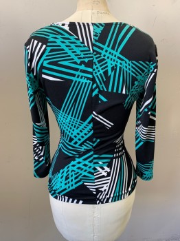 SOPHIA, Black, Mint Green, Polyester, Spandex, Abstract , Stripes, V-neck, Ruched at Cnter, Long Sleeves