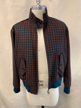 PAUL SMITH, Blue, Coral Orange, Black, Wool, Plaid-  Windowpane, Solid, Long Sleeves, Zip Front, Mandarin/Nehru Collar, 2 Patch Pockets with Black Plastic Buttons, Elastic Waistband and Cuffs, 2 Gold Metal Grommets