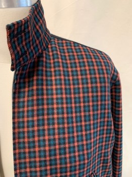 PAUL SMITH, Blue, Coral Orange, Black, Wool, Plaid-  Windowpane, Solid, Long Sleeves, Zip Front, Mandarin/Nehru Collar, 2 Patch Pockets with Black Plastic Buttons, Elastic Waistband and Cuffs, 2 Gold Metal Grommets
