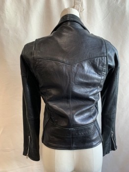 Womens, Leather Jacket, PELE CHE COCO, Black, Leather, Solid, XS, Motorcycle Style Jacket, Zip Front, Collar Attached, Snap Epaulets, 4 Pockets, Safety Pin Detail, Long Sleeves, Zips at Cuff, Belt at Waist
