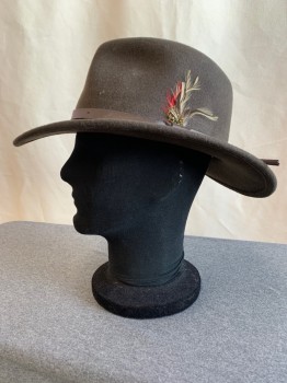 Mens, Fedora, SCALA, Dk Olive Grn, Wool, Solid, L, Felted Wool, Brown Leather Hat Band with Feather Detail