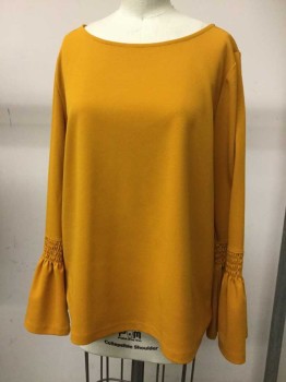 Ann Taylor, Goldenrod Yellow, Polyester, Solid, Long Sleeves, Wide Neck, Crepe Knit, Elastic Smocking Cuffs