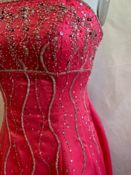 CACHE, Fuchsia Pink, Polyester, Solid, Strapless, Silver/Clear/Pink Beading, Squiggly Lines of Beading/Sequins From Bust, Lace Up Back, Zip Back, A-line, Layers of Tulle Underneath, Multiple