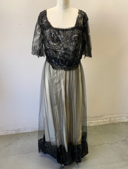 Womens, Evening Dress 1890s-1910s, N/L MTO, Black, Cream, Silk, Beaded, Solid, Swirl , W:28, B:36, Black Sheer Tulle Over Cream Satin, Short Sheer Lace Sleeves, Black Beading and Sequins at Bust, Square Neck, Black Grosgrain 2" Wide Waistband, Ankle Length, Sequinned/Beaded Hem, Made To Order