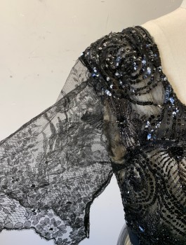 Womens, Evening Dress 1890s-1910s, N/L MTO, Black, Cream, Silk, Beaded, Solid, Swirl , W:28, B:36, Black Sheer Tulle Over Cream Satin, Short Sheer Lace Sleeves, Black Beading and Sequins at Bust, Square Neck, Black Grosgrain 2" Wide Waistband, Ankle Length, Sequinned/Beaded Hem, Made To Order