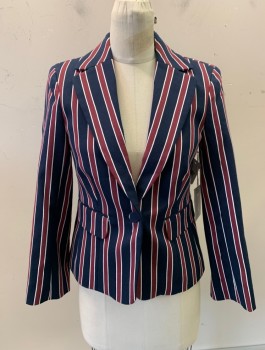 FRAME, Navy Blue, Red Burgundy, White, Cotton, Polyester, Stripes - Horizontal , Twill, 1 Fabric Button, Notched Lapel, Fitted, 2 Pockets, Padded Shoulder, Navy Lining, Multiple