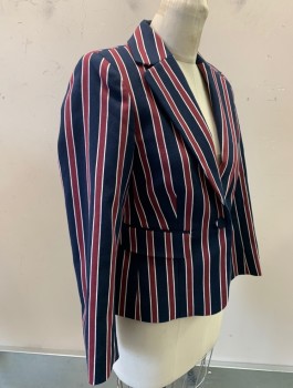 FRAME, Navy Blue, Red Burgundy, White, Cotton, Polyester, Stripes - Horizontal , Twill, 1 Fabric Button, Notched Lapel, Fitted, 2 Pockets, Padded Shoulder, Navy Lining, Multiple