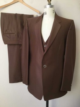 Mens, 1970s Vintage, Suit, Jacket, PHOENIX, Brown, Polyester, Stripes - Shadow, 40, Western Style Suit, Single Breasted, Collar Attached, Notched Lapel, Hand Picked Collar/Lapel, 1 Button, 2 Pockets