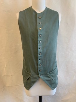 MTO, Sage Green, Cream, Cotton, Solid, 1700s, Round Neck, Slvls, Button Front, 2 Pockets, Cream Back with Ties