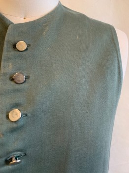 Mens, Historical Fiction Vest, MTO, Sage Green, Cream, Cotton, Solid, 38, 1700s, Round Neck, Slvls, Button Front, 2 Pockets, Cream Back with Ties