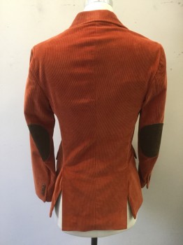 BROOKS BROTHERS, Orange, Brown, Cotton, Solid, Orange Corduroy, Single Breasted, Collar Attached, 3 Buttons,  3 Pockets, Brown Suede Elbow Patches