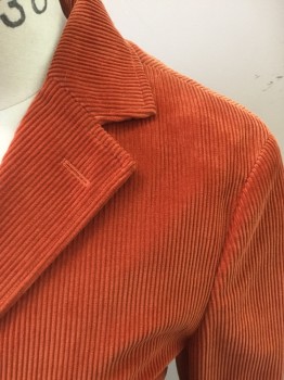 BROOKS BROTHERS, Orange, Brown, Cotton, Solid, Orange Corduroy, Single Breasted, Collar Attached, 3 Buttons,  3 Pockets, Brown Suede Elbow Patches