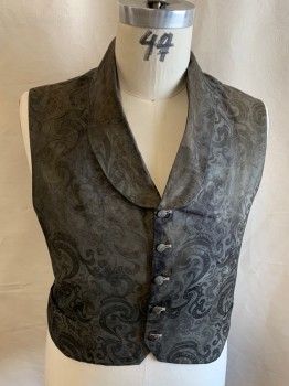 NL, Brown, Silk, Polyester, Print, Mottled, Shawl Collar, 5 Button Front, Self Covered Buttons, 2 Pocket, Self Back Belt, Distressed