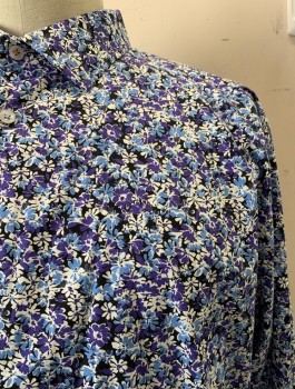 TALLIA, Blue, Multi-color, Cotton, Floral, C.A., Button Front, L/S, Black BG with Violet Blue, Light Blue, and White Floral Print