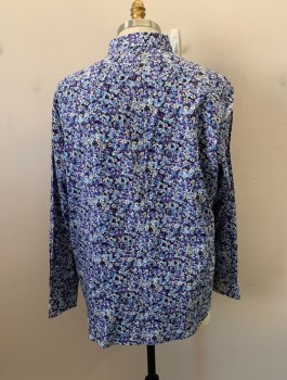 TALLIA, Blue, Multi-color, Cotton, Floral, C.A., Button Front, L/S, Black BG with Violet Blue, Light Blue, and White Floral Print