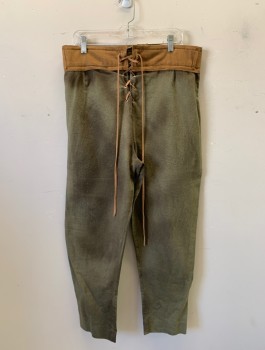 Mens, Sci-Fi/Fantasy Pants, N/L MTO, Olive Green, Brown, Linen, Polyester, Solid, Ins:31, W:36, Brown Faux Suede 2.5" Wide Waistband, Lace Up Front, Belt Loops, Aged/Dirty Throughout, Made To Order, Peasant