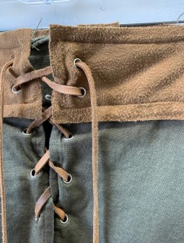 Mens, Sci-Fi/Fantasy Pants, N/L MTO, Olive Green, Brown, Linen, Polyester, Solid, Ins:31, W:36, Brown Faux Suede 2.5" Wide Waistband, Lace Up Front, Belt Loops, Aged/Dirty Throughout, Made To Order, Peasant
