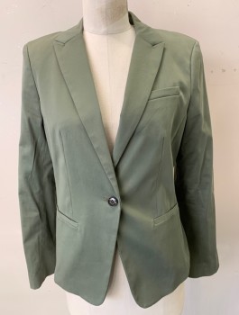 BANANA REPUBLIC, Lt Olive Grn, Cotton, Solid, Single Breasted, Thin Peaked Lapel, 1 Button, 3 Pockets, Olive Lining