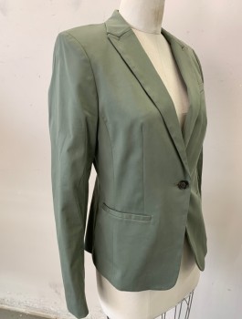BANANA REPUBLIC, Lt Olive Grn, Cotton, Solid, Single Breasted, Thin Peaked Lapel, 1 Button, 3 Pockets, Olive Lining