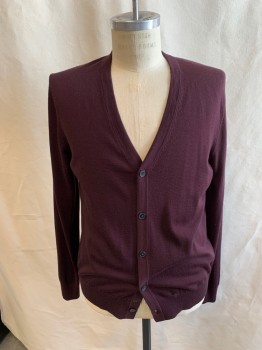 UNIQLO, Wine Red, Wool, Solid, Long Sleeves, Button Front, 5 Buttons, Rib Knit