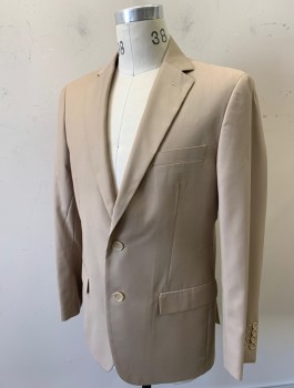 CARLO LUSSO, Beige, Polyester, Rayon, Solid, Single Breasted, Notched Lapel, 2 Buttons, 3 Pockets
