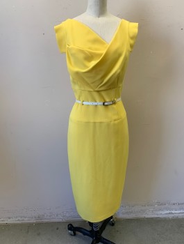 BLACK HALO, Yellow, Polyester, Rayon, Solid, Stretch Twill,  Cowl-Like Asymmetric Neckline, 1" Tabs at Shoulder Straps (A Quasi Cap Sleeve), Wide Waist Yoke, Tiny Belt Loops, Fitted, Knee Length, **With Coordinating White Skinny Belt