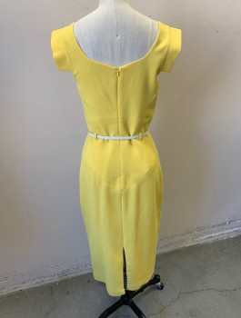 BLACK HALO, Yellow, Polyester, Rayon, Solid, Stretch Twill,  Cowl-Like Asymmetric Neckline, 1" Tabs at Shoulder Straps (A Quasi Cap Sleeve), Wide Waist Yoke, Tiny Belt Loops, Fitted, Knee Length, **With Coordinating White Skinny Belt