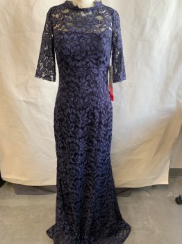 ELIZA, Navy Blue, Cotton, Rayon, Floral, Lace, CN, 3/4 Sleeve, Strapless A-line Navy Underlining Structure, Zipper At Back, Seams, Open V-back