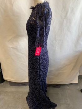 ELIZA, Navy Blue, Cotton, Rayon, Floral, Lace, CN, 3/4 Sleeve, Strapless A-line Navy Underlining Structure, Zipper At Back, Seams, Open V-back