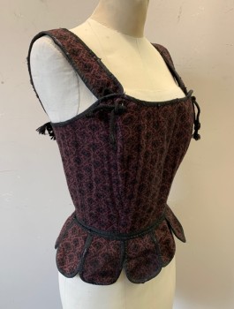 Womens, Historical Fiction Corset, N/L MTO, Plum Purple, Black, Wool, Cotton, Swirl , B <35", S, W24-28, 1" Wide Straps with Ties Attaching to Bodice, Black 1/4" Wide Edging, Square Neck, Tabs at Hem/Waist, Lace Up in Back, Made To Order Reproduction 1500's