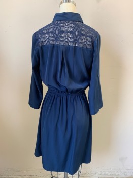 BCX, Indigo Blue, Polyester, Solid, Button Front, 2 Breast Pockets, Elastic Waist, Back Lace Yoke That Wraps Over the Shoulders, Button on Sleeves to Roll Them Up