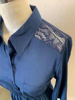 BCX, Indigo Blue, Polyester, Solid, Button Front, 2 Breast Pockets, Elastic Waist, Back Lace Yoke That Wraps Over the Shoulders, Button on Sleeves to Roll Them Up