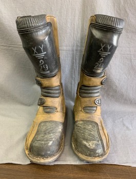 Mens, Sci-Fi/Fantasy Boots , N/L MTO, Brown, Black, Leather, Rubber, Sz.9, Tactical Futuristic Boots, Panels of Aged Leather, Silver Buckles at Sides, Text Stamped on Front "XY 29",  Just Below Knee Length, Made To Order, Multiples
