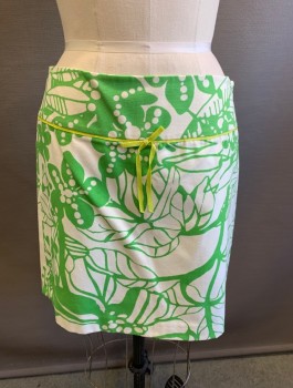 J CREW, White, Lime Green, Cotton, Abstract , Floral, Dropped Waist With 3" Wide Yoke/Waistband, Chartreuse Grosgrain Ribbon Trim With Bow At Front, Invisible Zipper At Side, Retro Y2K Inspired